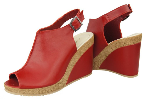 Obuwie Sandały Damskie Koturna skóra naturalna Czerwone 992 ElitaBut