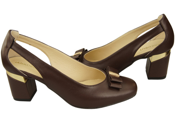 Buty Czółenka Damskie Czekoladowe z Naturalnej Skóry z Ozdobnym Obcasem 199 ElitaBut
