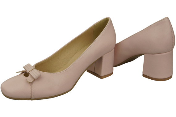 Czółenka Damskie z Kokardką Róż Pudrowy Skóra Naturalna i Niski Obcas 203 ElitaBut