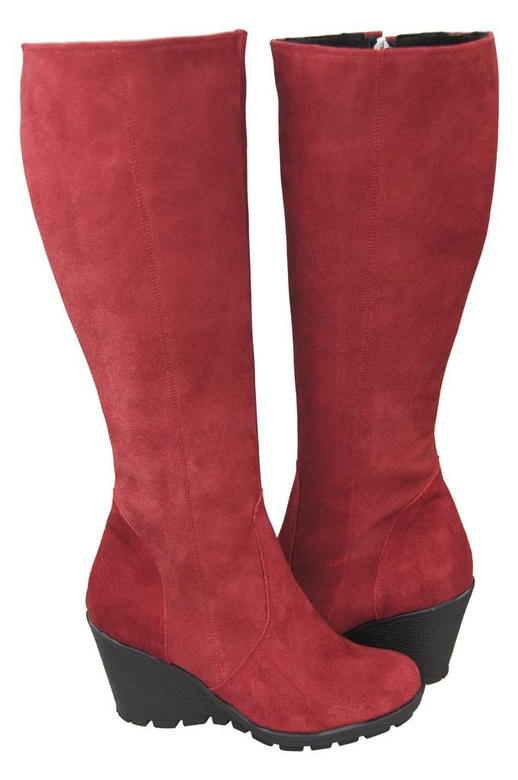 Obuwie Kozaki Damskie Koturna Bordowe skóra naturalna welurowa 745 ElitaBut