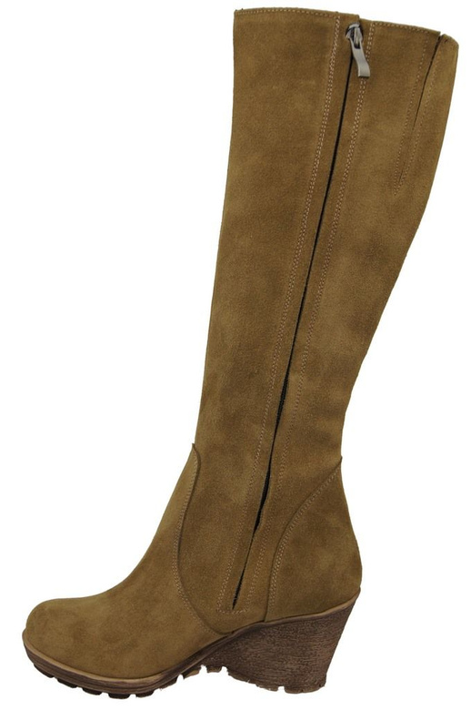 Obuwie Kozaki Damskie Koturna Oliwka skóra naturalna welurowa 745 ElitaBut