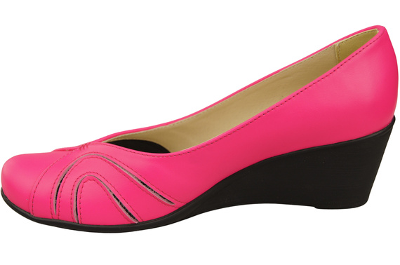 Buty na Koturnie Neonowy Róż Czółenka Damskie z Naturalnej Skóry 828 ElitaBut