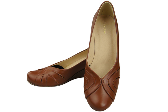 Buty na Koturnie Brązowe Czółenka Damskie z Naturalnej Skóry 828 ElitaBut