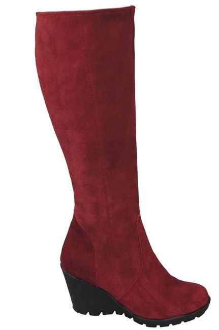 Obuwie Kozaki Damskie Koturna Bordowe skóra naturalna welurowa 745 ElitaBut