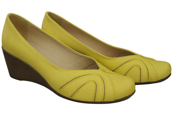 Buty na Koturnie Cytrynowe Czółenka Damskie z Naturalnej Skóry 828 ElitaBut